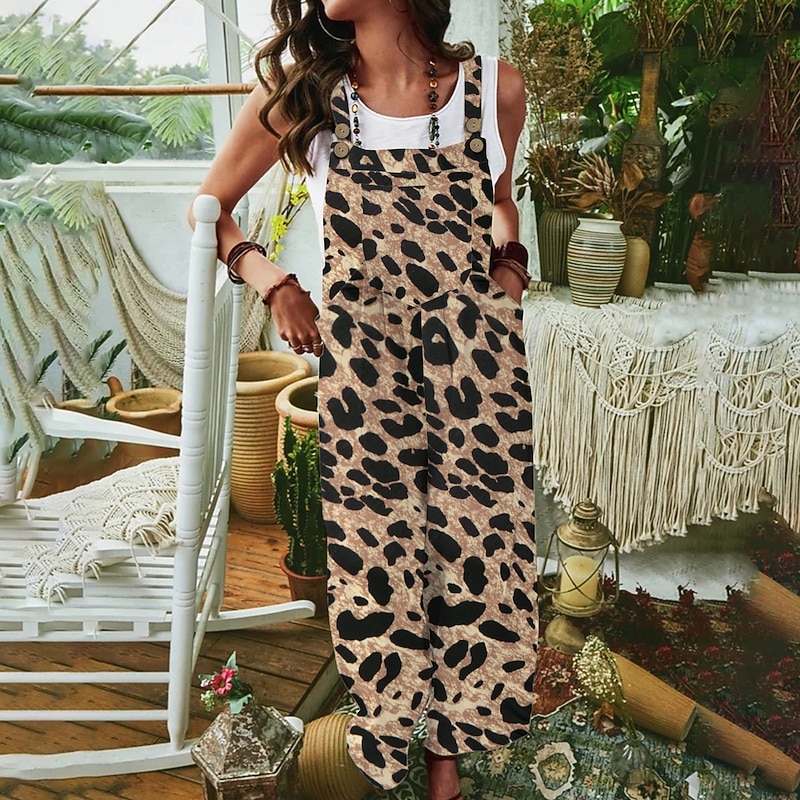 Women's EU / US Size Bib Tights Comfort Casual / Sporty Full Length High Waist Leopard Wide Leg Inelastic Dungarees Casual Daily Yellow ash-colored Taupe Fall Loose Fit