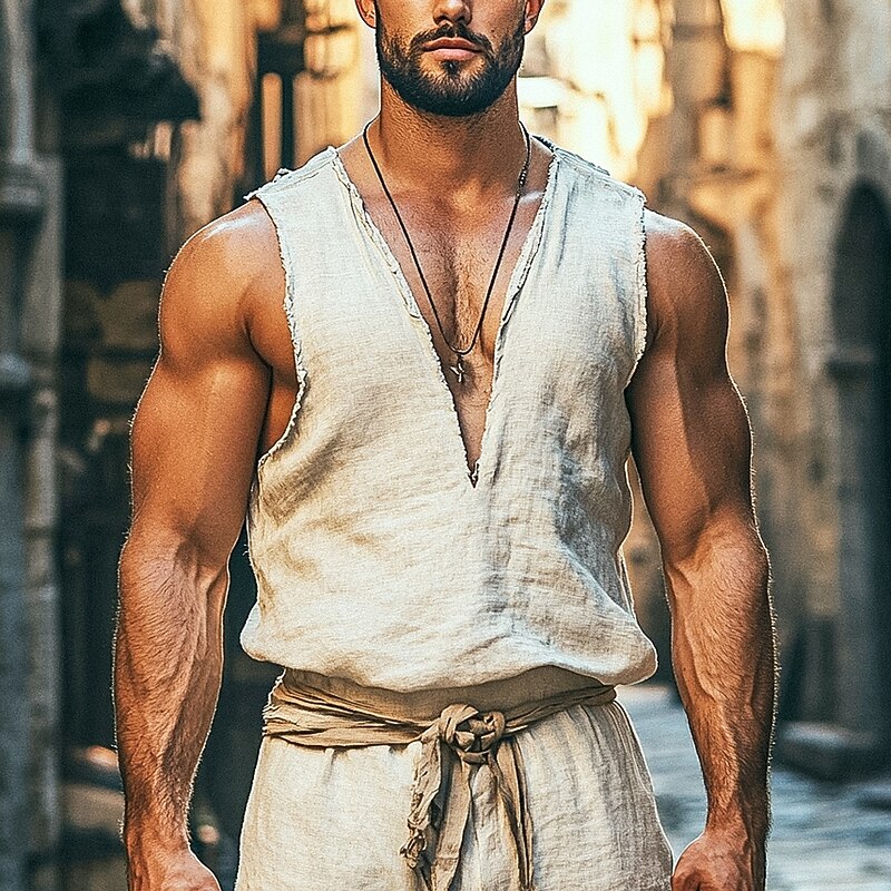 Men's Linen Shirt Tank Top Vest Undershirt Sleeveless V Neck Summer Plain Fashion Bohemian Classic Street Casual Sports Beige Top Tee for Men2