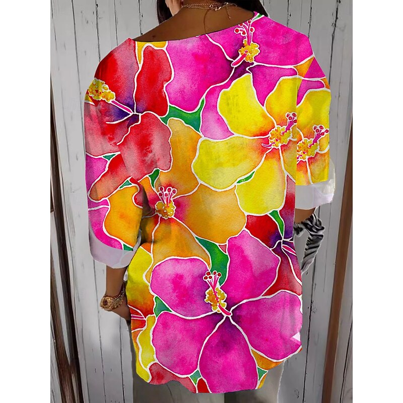 Women's Shirt Long Sleeve  V Neck Floral Graphic Vintage Tropical Hawaiian 3/4 Length Sleeve Crew Neck Regular Tops Daily Holiday Beach Wear Print Fuchsia Summer Spring2