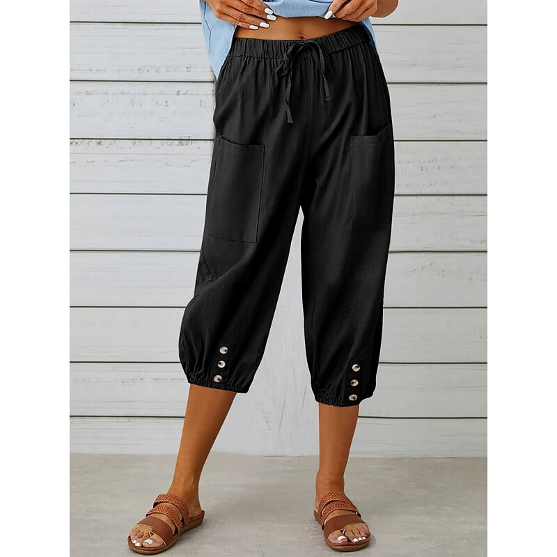 Women's Capri Pants Solid Color Chinos Fashion Ethnic Style Basic Calf-Length High Waist Plain Pocket Drawstring Comfort Outdoor Micro-elastic Vacation Street Daily Black White Khaki Light Blue4
