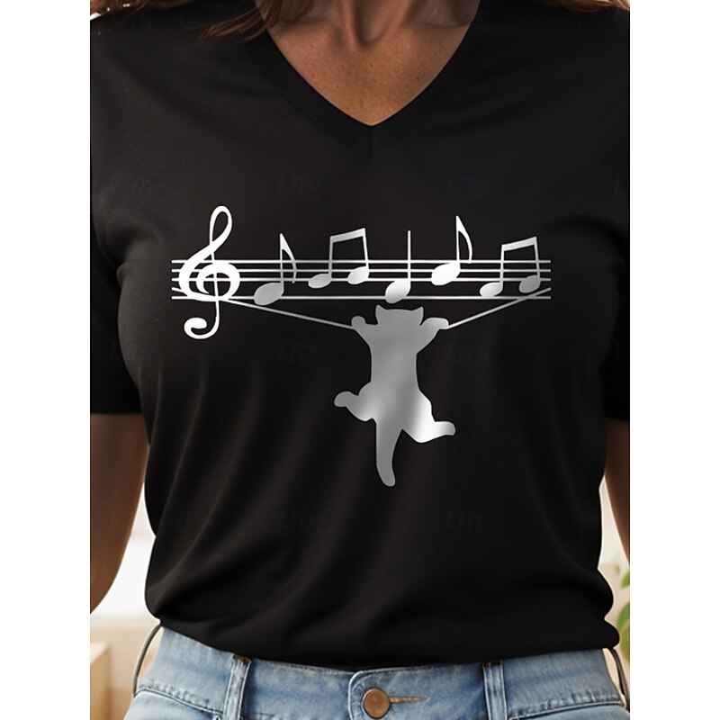 Women's Blouse Graphic Cat Letter Vintage Stylish Classic Short Sleeve V Neck Regular Tops Daily Going out Beach Wear Print Black White Summer Spring3