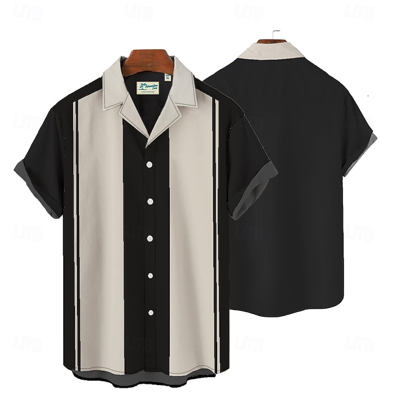 Men's Shirt Summer Shirt Cuban Collar Shirt Bowling Shirt Button Up Shirt Camp Collar Shirt Khaki Short Sleeve Color Block Graphic Prints Turndown Hot Stamping Vacation Sports Print Clothing Apparel