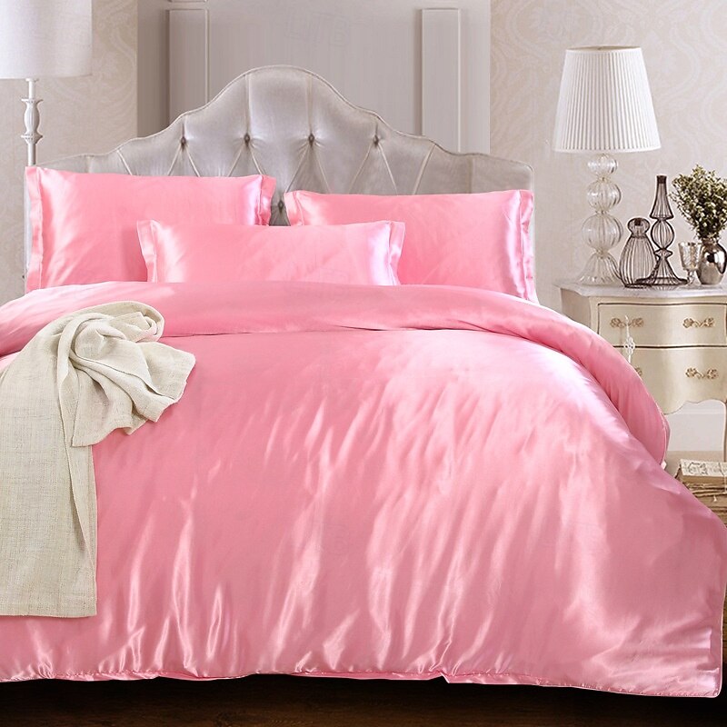 Simulation Silk Satin Solid Color Quilt Cover Pillowcase Bed Sheet Three-piece Set2