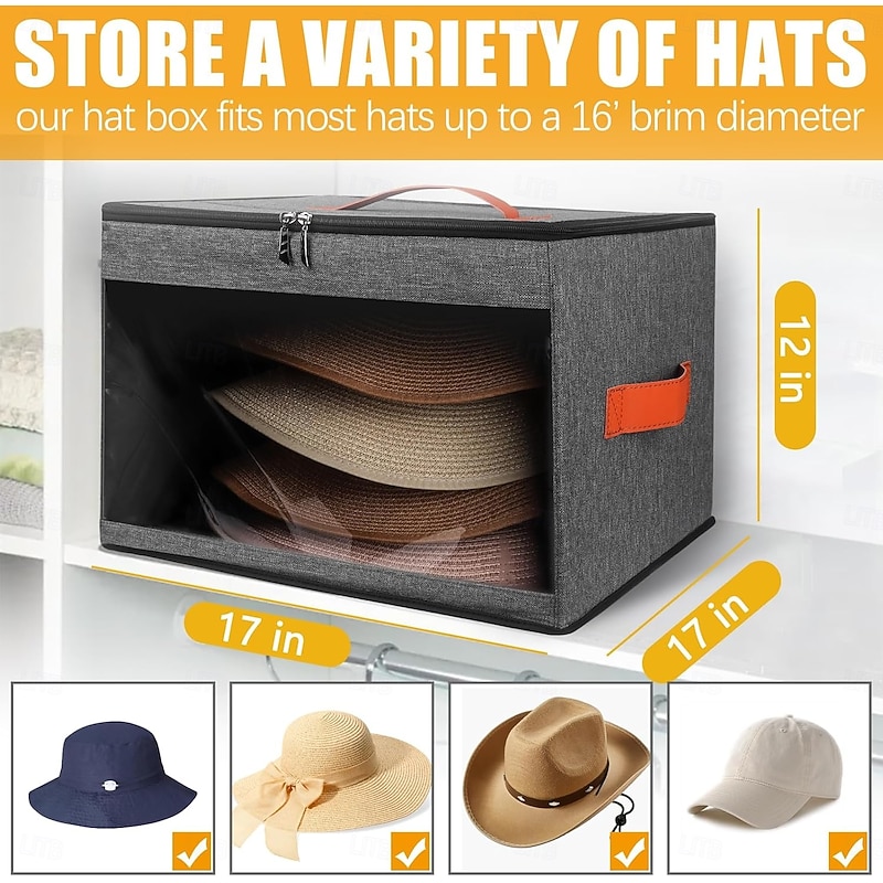 Hat Storage Box  Foldable Hat Organizer with Dustproof Lid, Large Capacity Travel Hat Carrier Case for Cowboy Hats, Wide Brim Hats, and Clothes, Closet Storage Bag2