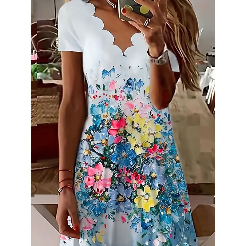 Women's Mini Dress A Line Dress Summer Dress Casual Daily Regular Fit Floral Graphic Short Sleeve V Neck Blue Summer2