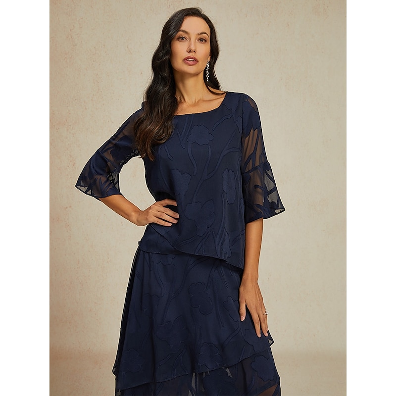 Women's Lace Shirt Blouse Dressy Tops Chiffon Tops Solid Color Elegant Stylish Basic 3/4 Length Sleeve Bell Sleeve Boat Neck Regular Tops Wedding Guest Work Daily Asymmetric Hem Navy Blue Summer2