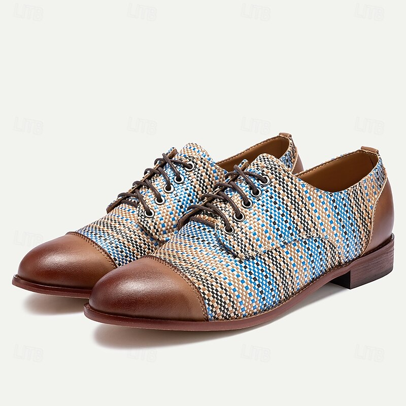 Men's Blue and Tan Woven Oxford Shoes – Retro Lace-Up Casual Shoes for Creative Professionals and Everyday Style2