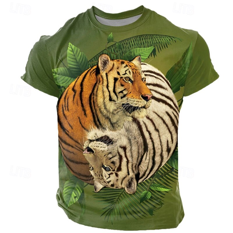 Tiger Ying Yang VINCENT HIE Men's 3D T Shirt Short Sleeve T shirt 3D Print Crew Neck Shirt Exaggerated Designer Party Street Casual Green Summer Spring All Seasons Clothing Apparel