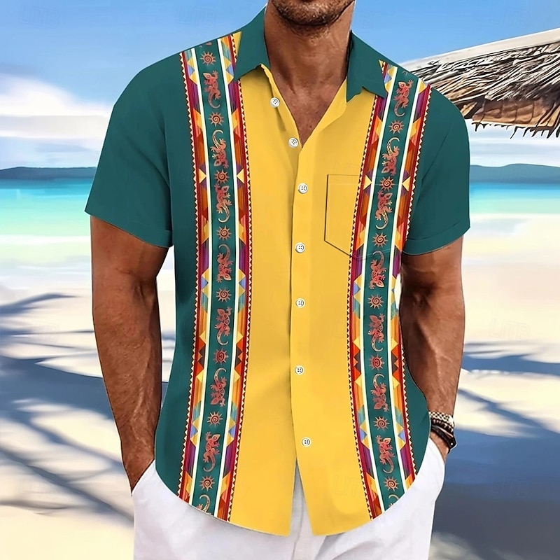 Men's Tribal Lizard Ethnic Shirt Casual Shirt Button Up Shirt Short Sleeve Vintage Retro Outdoor Vacation Dailywear Summer Spring Turndown 3D Print Collared Shirts Front One Pocket Blue