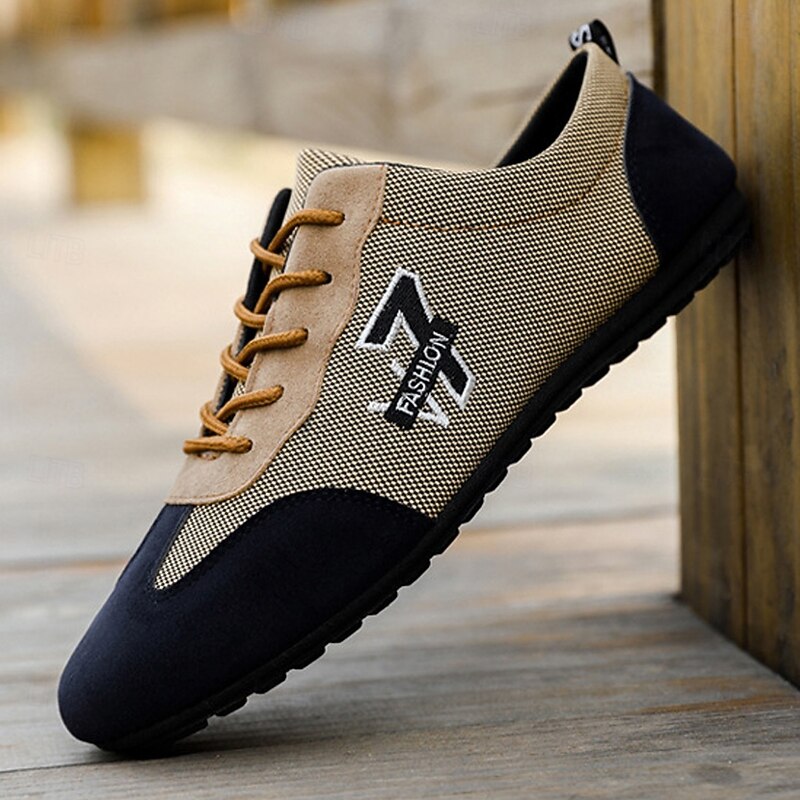 Men's Beige and Navy Lace-Up Sneakers – Breathable Nylon Sport Shoes for Active Lifestyles and Everyday Wear - Main Image