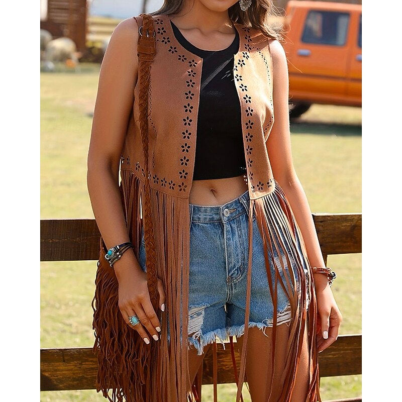 Women's Blouse Plain Modern Boho Sleeveless Crew Neck Long Tops Daily Holiday Fringe Black Brown Summer2