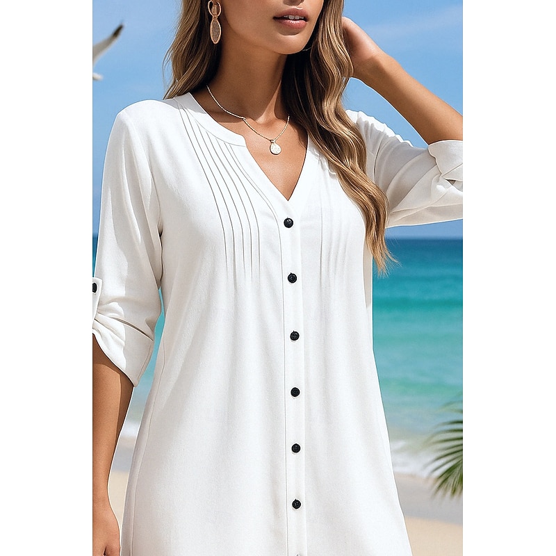 Women's Swimwear Cover Up Swim Dress Swimsuit Buttons Tropical Beach Wear Plain V Wire Long Sleeve Bathing Suits2