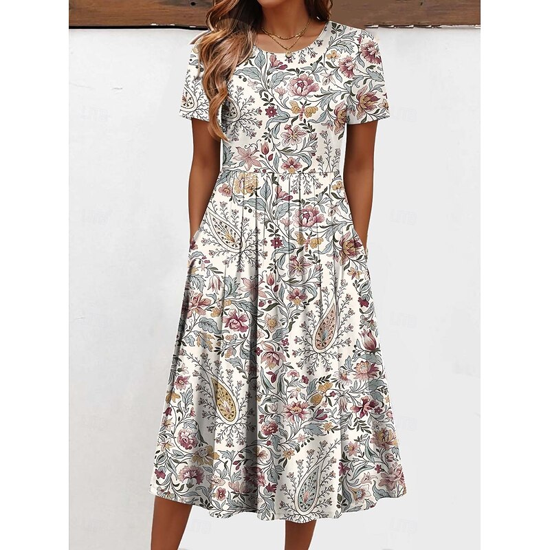 Women's Midi Dress T Shirt Dress Tee Dress Vacation Casual Daily Regular Fit Floral Graphic Short Sleeve Crew Neck Light Green Pink Green Beige Summer2