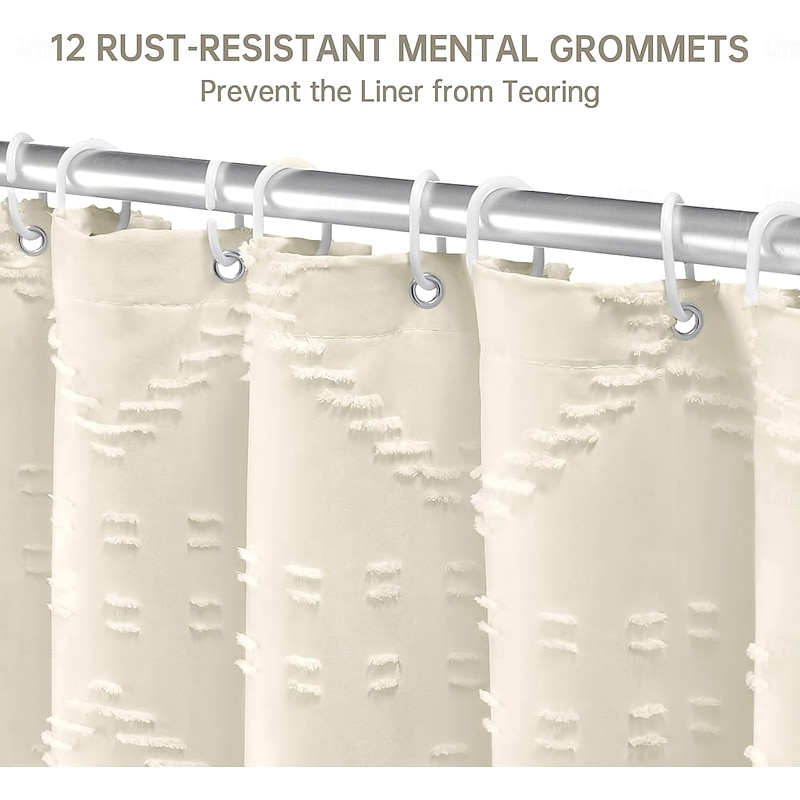 Boho White Woven Fabric Shower Curtain with Tassel 180cm 70" Modern Farmhouse Minimalist, Tufted Chevron Striped Shabby Chic Textured, Water Resistant Cloth Curtain for Bathroom, Hotel Decor4