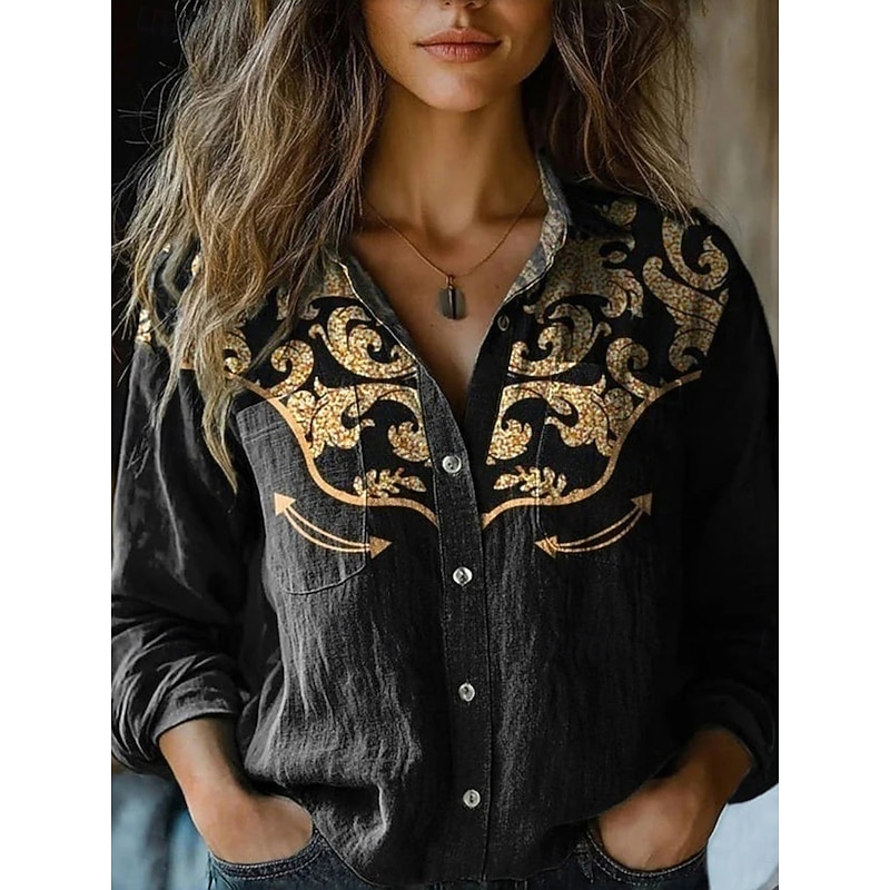 Women's Shirt Floral Paisley Stylish Modern Long Sleeve Shirt Collar Regular Tops Daily Holiday Buttons Pocket Print Maroon Black Yellow Wine Red Summer4