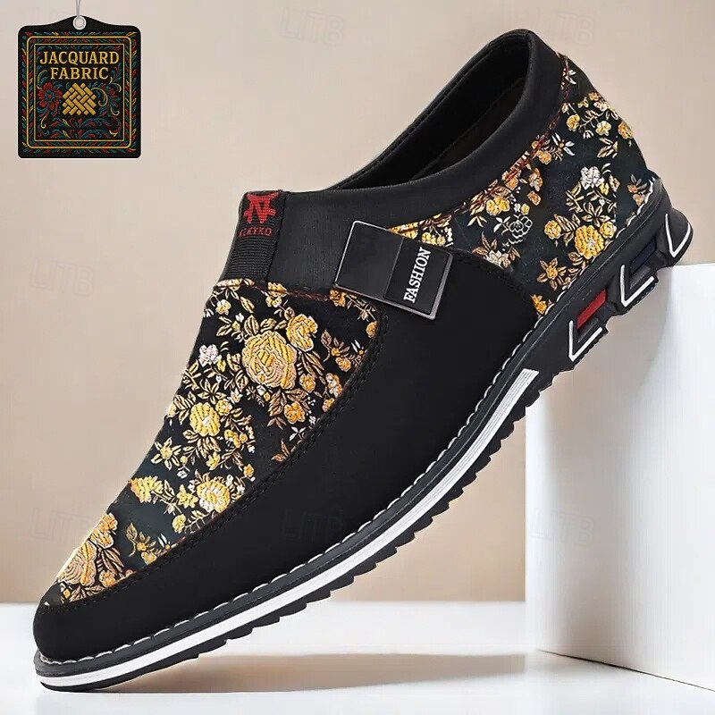 Men's Black and Gold Floral Slip-On Sneakers – Trendy Jacquard Fabric Shoes for Casual Wear and Stylish Occasions