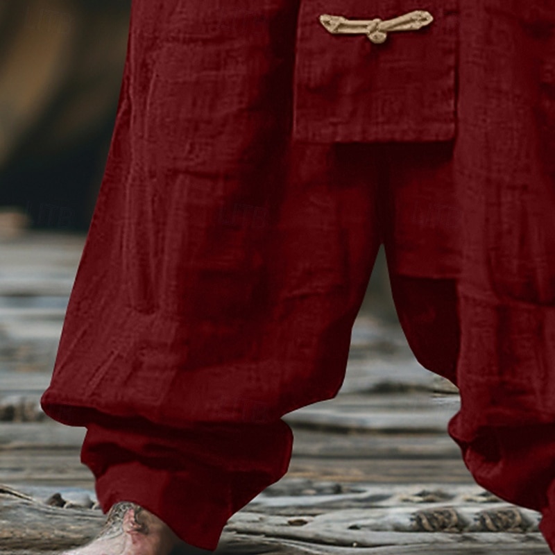 Men's Linen Pants Trousers Summer Pants Baggy Pants Buttons Drawstring Elastic Waist Plain Comfort Breathable Full Length Yoga Daily Gym Designer Retro Vintage Red Navy Blue3