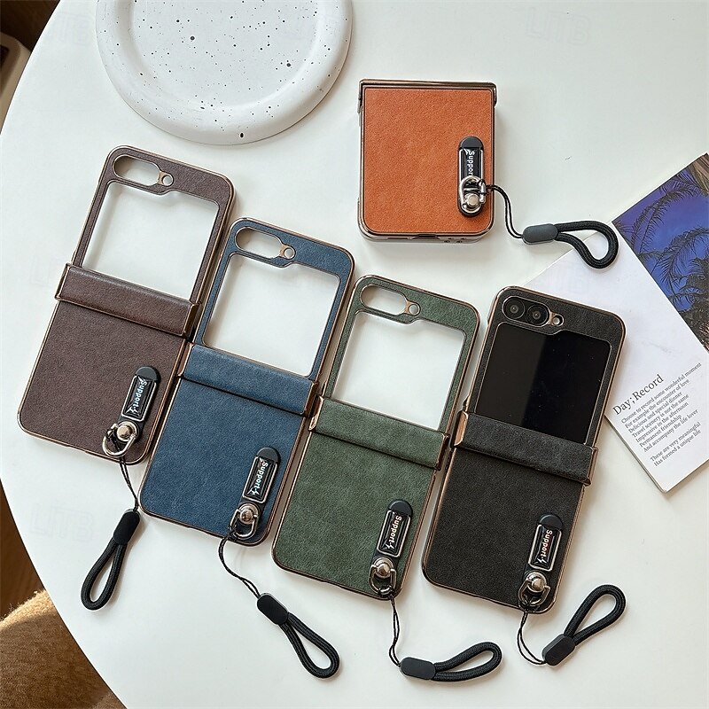 Phone Case For Samsung Galaxy Z Flip 6 Z Flip 5 Z Flip 4 Z Flip 3 Back Cover with Lanyard Shockproof Retro PC PU Leather