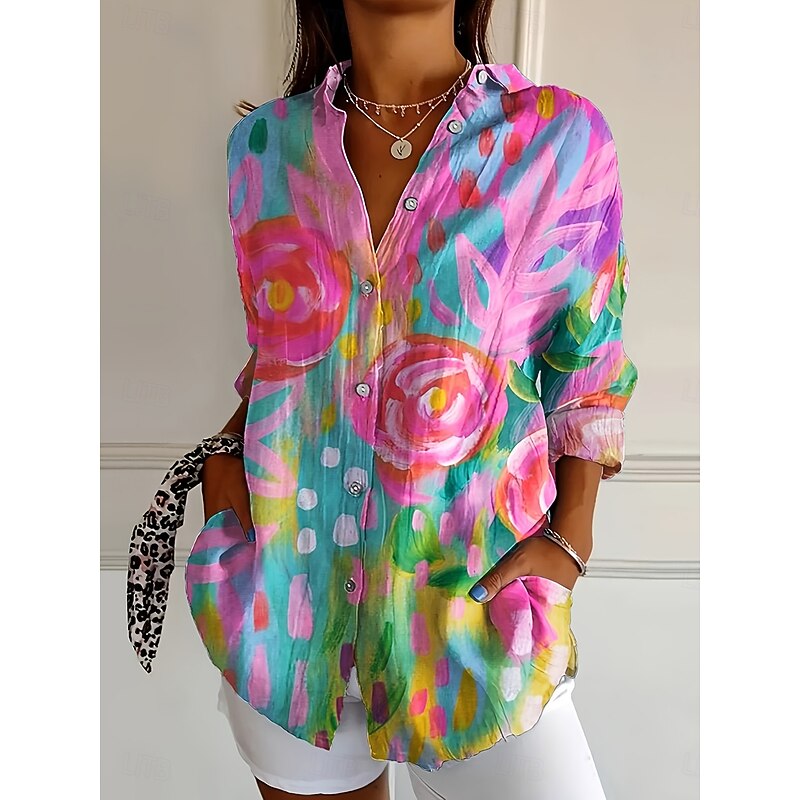 Women's Shirt Button Down Tunic Shirt Collar Long Sleeve Floral Graphic Geometric Casual Regular Tops Work Daily s Print Black Pink Orange Green Spring Fall Winter2