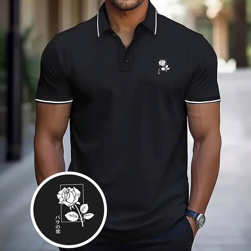 Men's Rose Polo Short Sleeve Polo Shirts Collared Shirts Casual School Outdoor Daily Wear Home Wear 3D Print Summer Black Red Navy Blue2