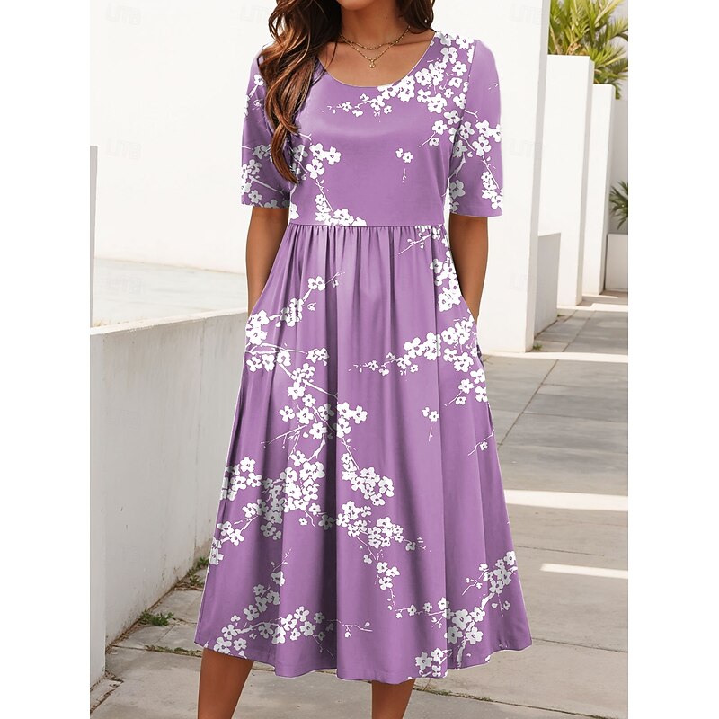 Women's Midi Dress Summer Dress Pleated Dress Vacation Casual Beach Daily Holiday Regular Fit Floral Graphic Short Sleeve Crew Neck Blue Purple Green Summer4