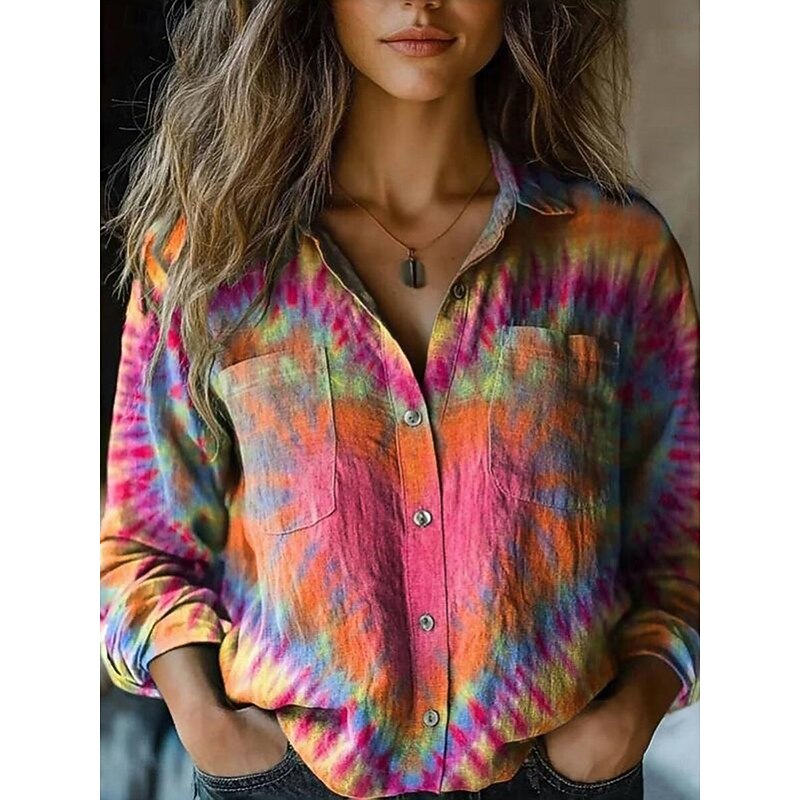 Women's Shirt Tie Dye Stylish Modern Long Sleeve Shirt Collar Regular Tops Daily Holiday Buttons Pocket Print Yellow Purple Rainbow Summer