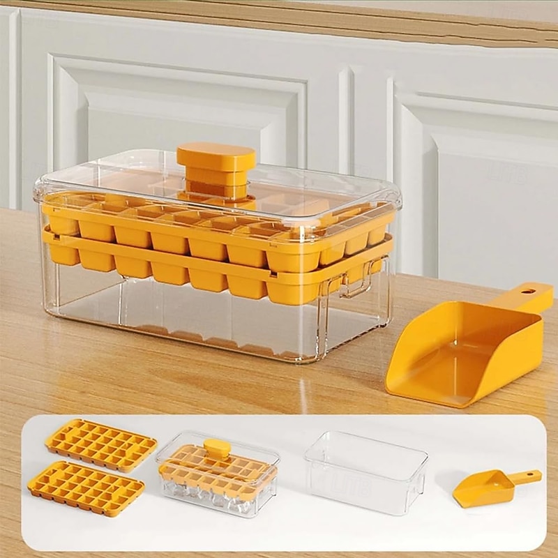 Ice Cube Tray with Lid & Bin, Ice Cube Mold for Freezer,Ice Make for Whiskey Cocktail, Tea, Coffee(2 Trays, Container, Lid & Ice Scoop)2