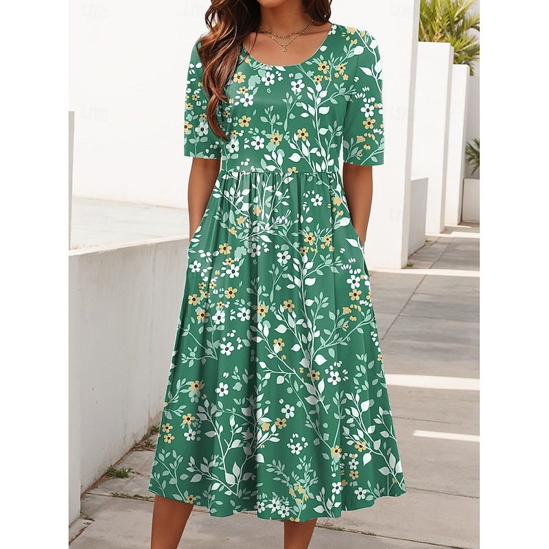 Women's Midi Dress Summer Dress Vacation Casual Beach Holiday Regular Fit Floral Graphic Short Sleeve Crew Neck Red Blue Green Summer