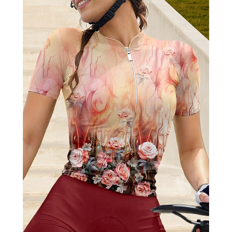Women's Cycling Jersey Graphic Gradient Floral Botanical Short Sleeve Bike Jersey Top with 3 Rear Pockets Sunscreen UV Resistant Quick Dry Reflective Strips Sports Pink Clothing Apparel3