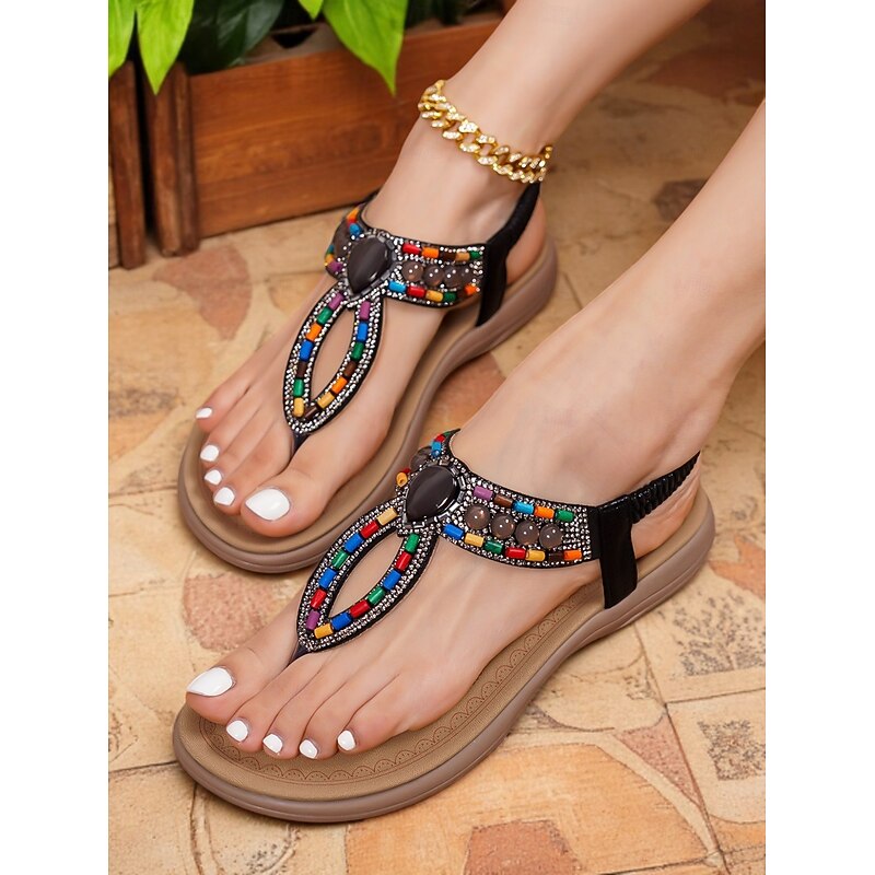 Women's Bohemian Beaded Sandals – Colorful Rhinestone T-Strap Flat Sandals for Summer, Beach, and Casual Wear