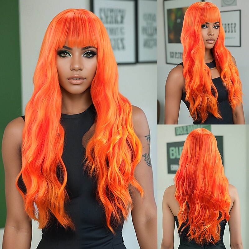 Synthetic Wig Wavy Curly Weave Layered Haircut With Bangs Machine Made Wig 28 inch A1 Synthetic Hair Women's Classic Comfortable Color Gradient Orange