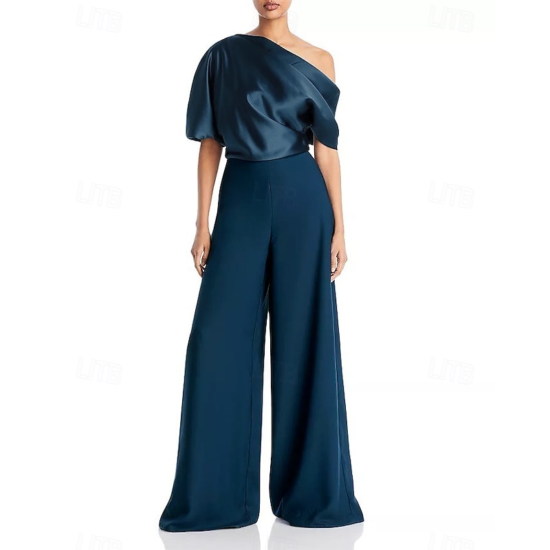 Jumpsuits Wedding Guest es Elegant  Formal Wedding Reception Floor Length Short Sleeve One Shoulder Stretch Crepe with Ruched2