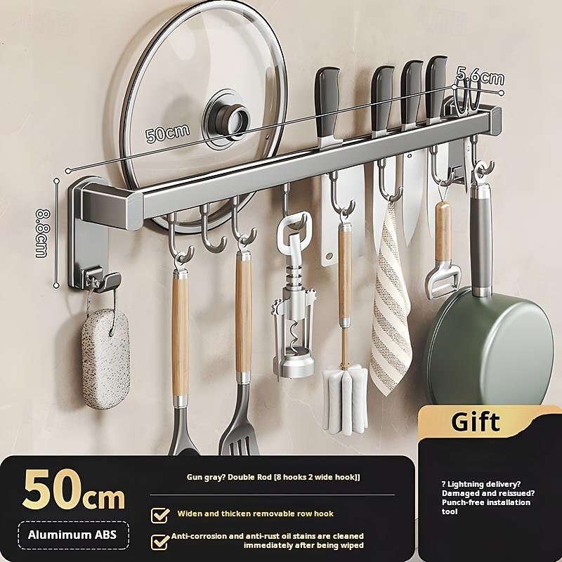 Multi Functional Kitchen Suction Cup Storage Rack, ABS, Aluminum, Hook Hanging Rod&Wall Mounted Knife Holder, Shovel Hanging Rack, Pot Cover Rack, One-Stop Kitchenware Storage Solution3