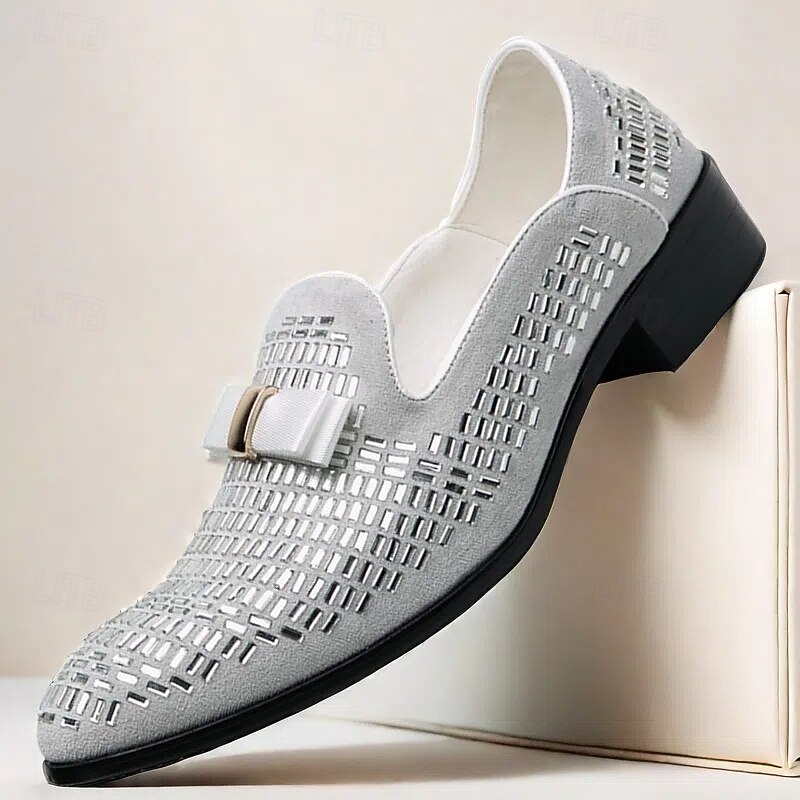 Men's Silver Woven Monk Strap Loafers – Elegant Prom and Wedding Slip-On Shoes with Buckle Design