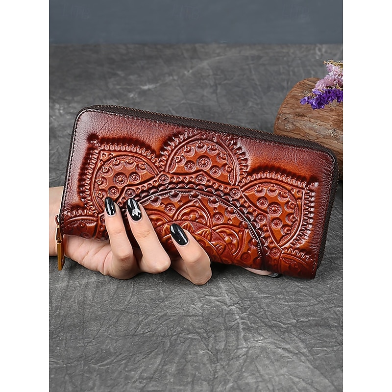 Handmade leather continental wallet with elegant mandala pattern - zip closure, multiple compartments, ideal gift for women on Mother's Day2
