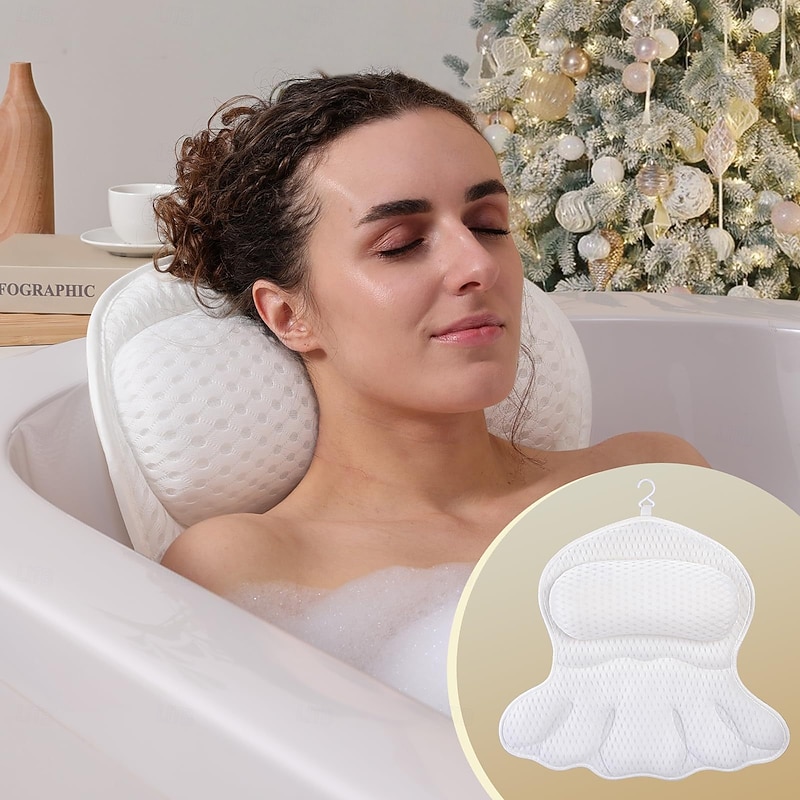 Bath Pillow Luxury Bathtub Pillow Bath Pillows for Tub Neck and Back Support, Ergonomic Tub Pillow for Bath with 4D Air Mesh + 6 Strong Suction Cups, Great Spa Gifts Bathtub Accessories