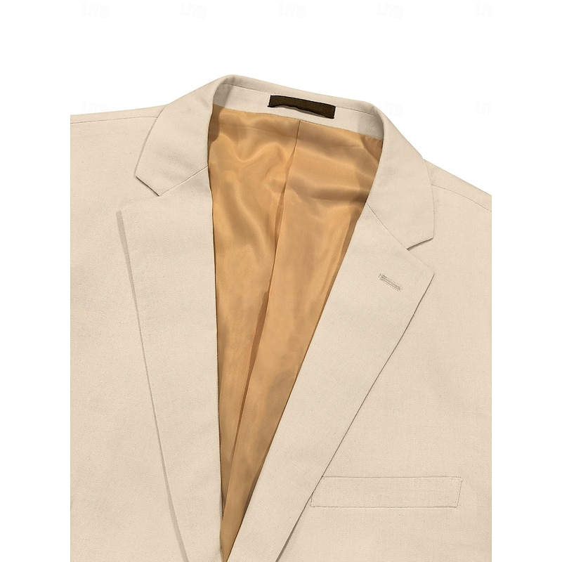 Men's Business Casual Linen Suits Notch Lapel Dusty Blue Beige Formal Solid Colored Standard Fit 2 Piece Single Breasted One-button2