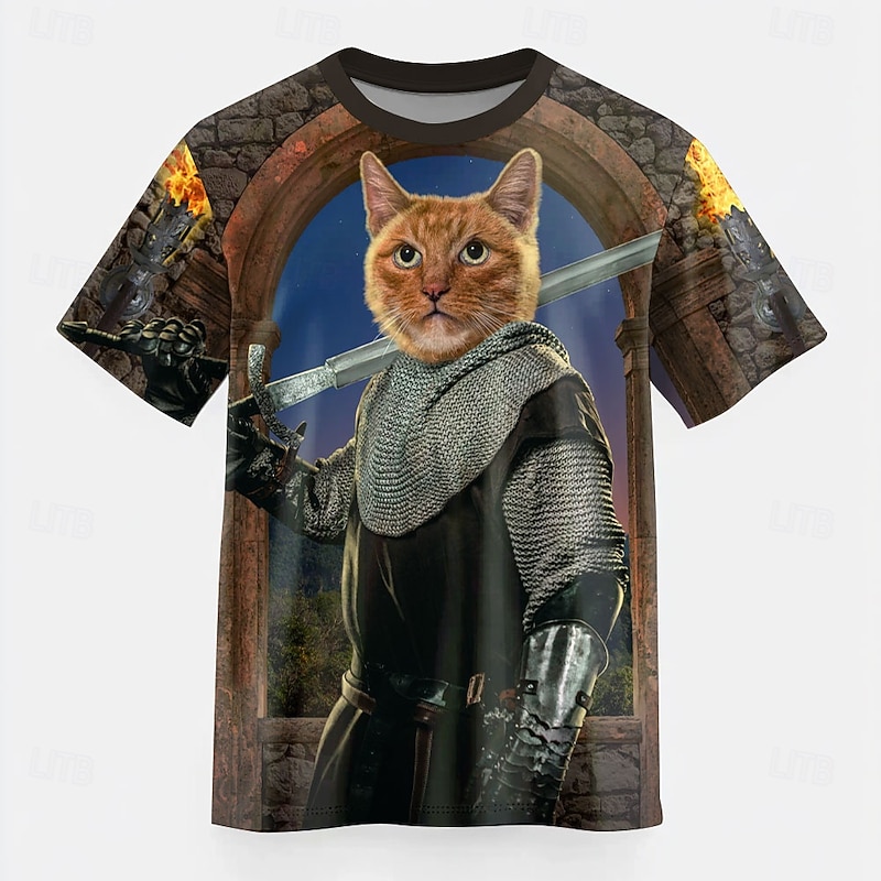 Cat Knight VINCENT HIE Men's Cat T Shirt Short Sleeve T shirt 3D Print Crew Neck Shirt Exaggerated Designer Party Street Casual Brown Summer Spring All Seasons Clothing Apparel S M L XL XXL XXXL 4XL