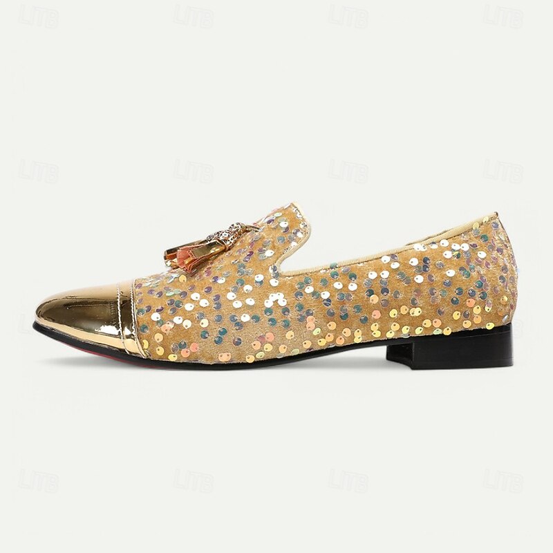 Men's Gold Leather Sequin Loafers with Tassels – Prom and Party Dress Shoes for Evening Events, Stage Performances and Weddings4