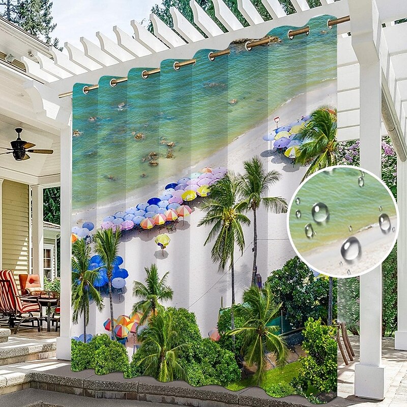 Waterproof Outdoor Curtain Privacy, Sliding Patio Curtain Drapes, Pergola Curtains Grommet 3D Summer Beach Palm Trees Landscape For Gazebo, Balcony, Porch, Party, 1 Panel