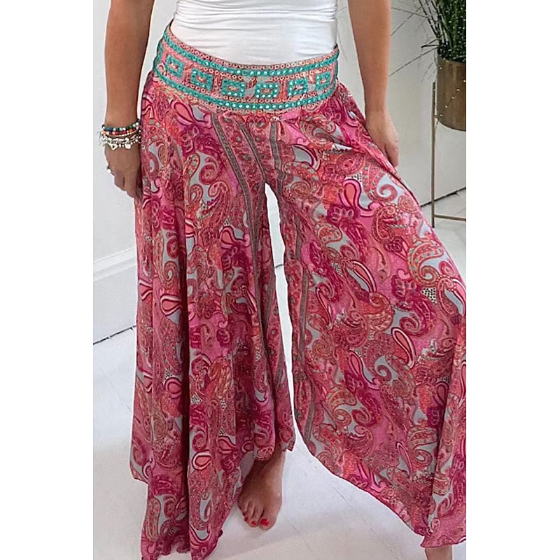 Women's Slacks Pants Trousers Casual Full Length Natural Flower Elastic Waist Printing Outdoor Comfortable Street Going out Magenta Green Summer Regular Fit3