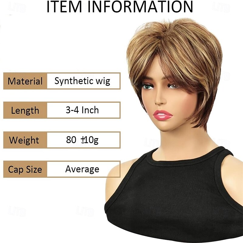 Short Brown Pixie Cut Wig Short Hair Wigs with Bangs Mixed Blonde Highlight Layered Fluffy Synthetic Hair Replacement Wig for Women Halloween Costumes Wigs3