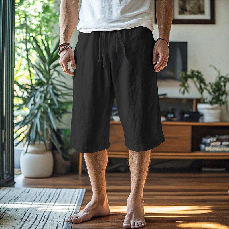 Men's Capri Pants Shorts Linen Shorts Summer Shorts Beach Shorts Drawstring Front Pocket Straight Leg Plain Comfort Breathable Calf-Length Outdoor Vacation Home Vacation Fashion Loose Fit Black White