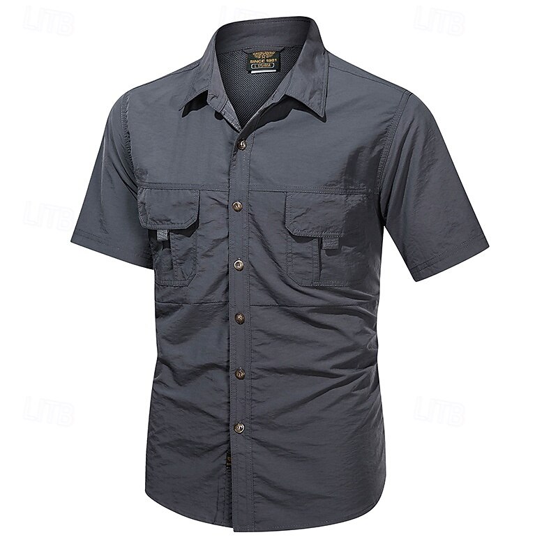 Men's Shirt Summer Shirt Casual Shirt Button Up Shirt Cargo Shirt Black khaki Dark Grey Army Green Short Sleeve Plain Shirt Collar Vacation Hawaiian Pocket Clothing Apparel 100% Cotton Fashion Casual3