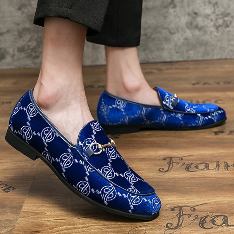 Men's Blue Embroidered Velvet Loafers with Metal Bit – Elegant Prom and Graduation Party Dress Shoes4