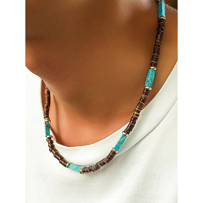 Men's Natural Wood Beaded Necklace with Turquoise Accents, Boho Surfer Style, Adjustable Jewelry for Beach, Festival and Casual Outfits