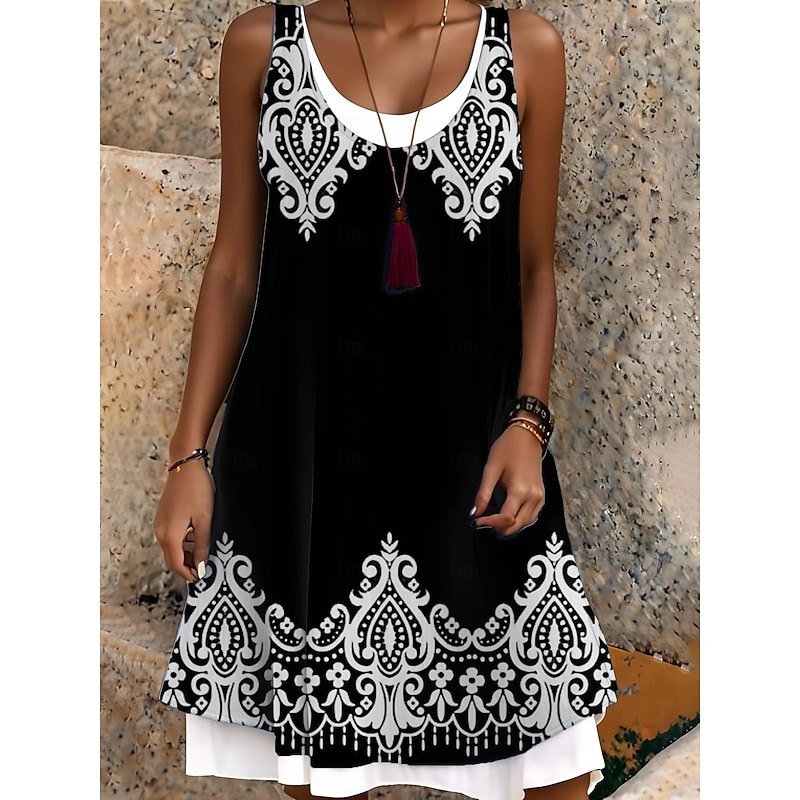 Women's Midi Dress Tank Dress Fashion Classic Outdoor Daily Weekend Regular Fit Graphic Geometric Sleeveless Crew Neck Black And White Spring Fall