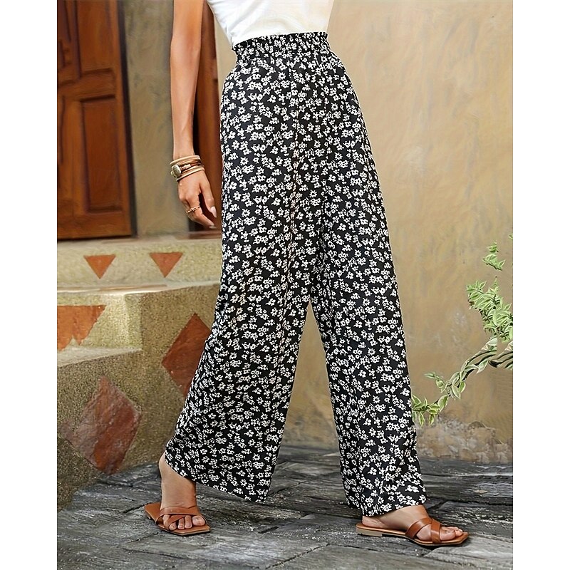 Women's Wide Leg Pants Trousers Vacation Fashion Full Length Mid Waist Flower / Floral Elastic Waist Comfortable Breathable Micro-elastic Street Daily Wear Going out White Yellow Green Summer Regular3