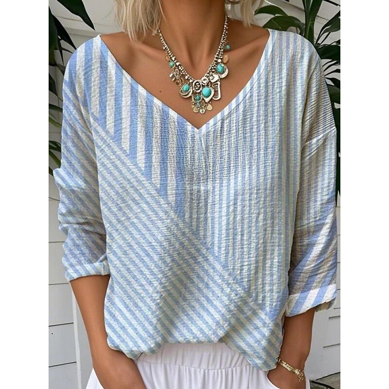 Women's Blouse Graphic Geometric Striped Elegant Tropical Daily 3/4 Length Sleeve V Neck Regular Tops Daily Black Blue Rainbow Summer Spring