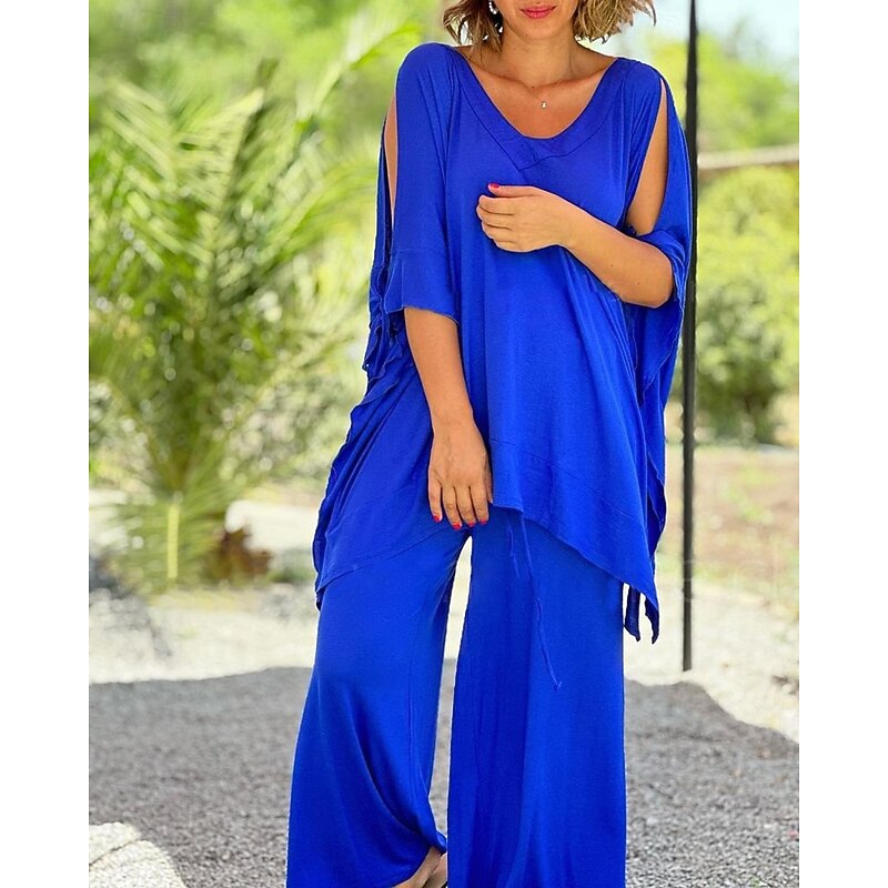 Women's Active Fashion Blouse Pants Sets Half Sleeve V Neck Solid Color Cut Out Holiday Casual Daily Black Blue Orange Summer Regular Fit3